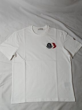 Moncler White Short-Sleeve T-Shirt with Red & Navy Logo